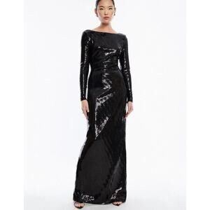 BCBG Maxazria NWT Sz S Sheridan Backless Sequin Black Long Dress Gown Longsleeve